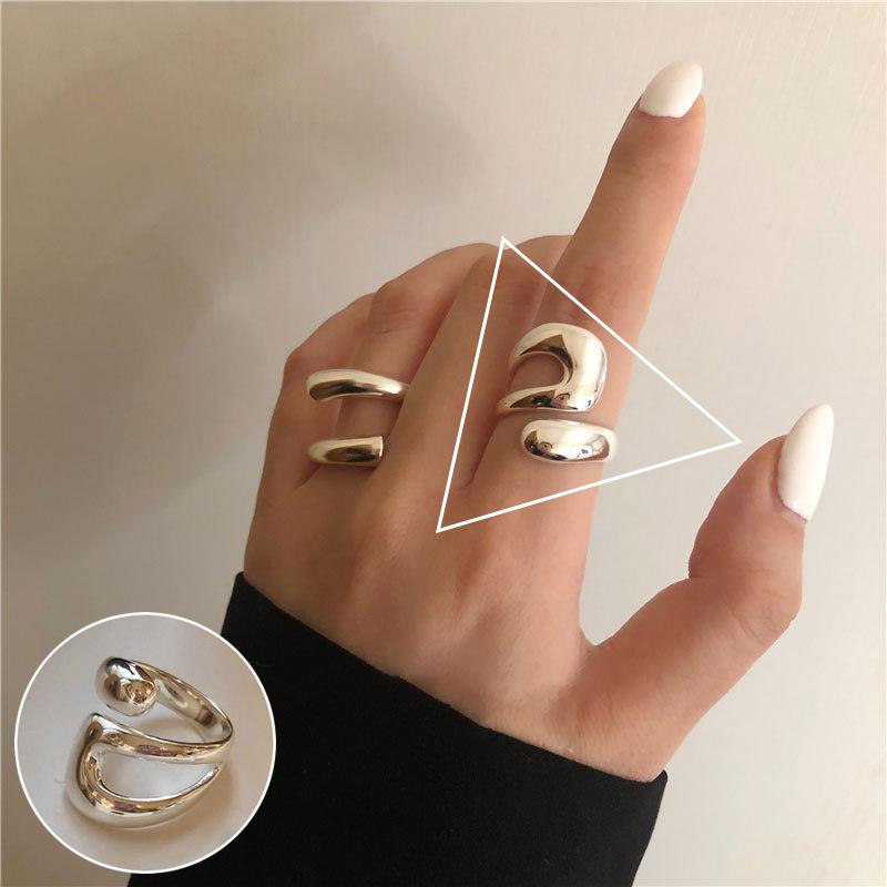 S925 Silver-Plated Geometric Wave Ring: Retro, Wide-Rimmed, Open Design for Women