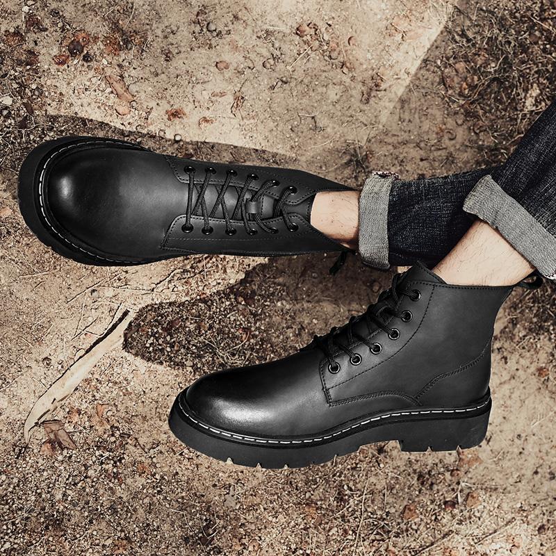 Men Outdoor Thick Bottom Round Head Waterproof Ankle Boots Fashion Non-Slip Leather Men's High Boots All-match Motorcycle Boots
