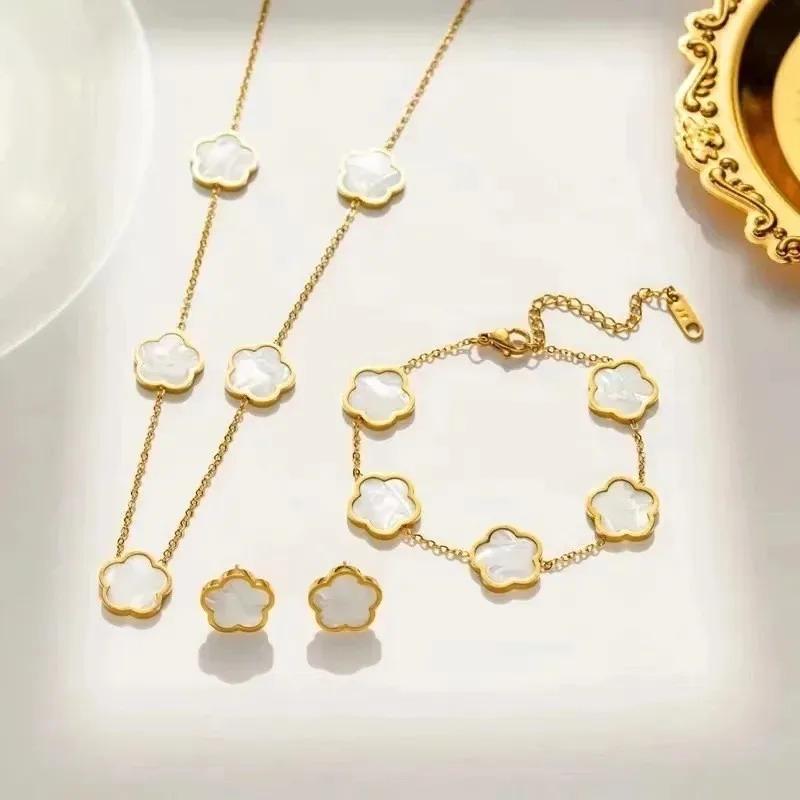316L Stainless Steel Five Leaf Clover Pattern Bracelet Necklace Earrings Jewelry Set Classic for Women Trend Party Charm Gifts