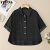 VONDA Elegant Women Short Sleeve Lapel Button Down High Low Hem Casual Cropped Blouse