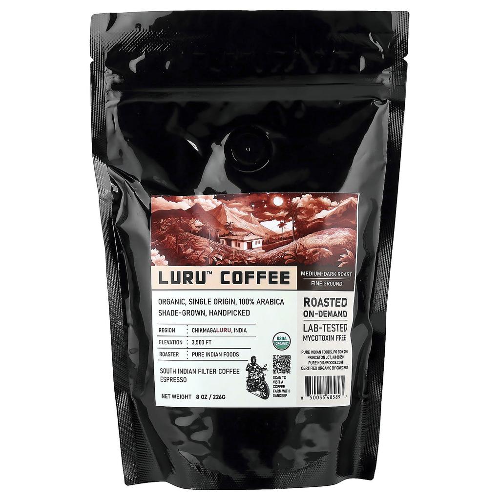 Pure Indian Foods Luru™ Coffee, Fine Ground, Medium Dark Roast, 8 Oz (226 G)