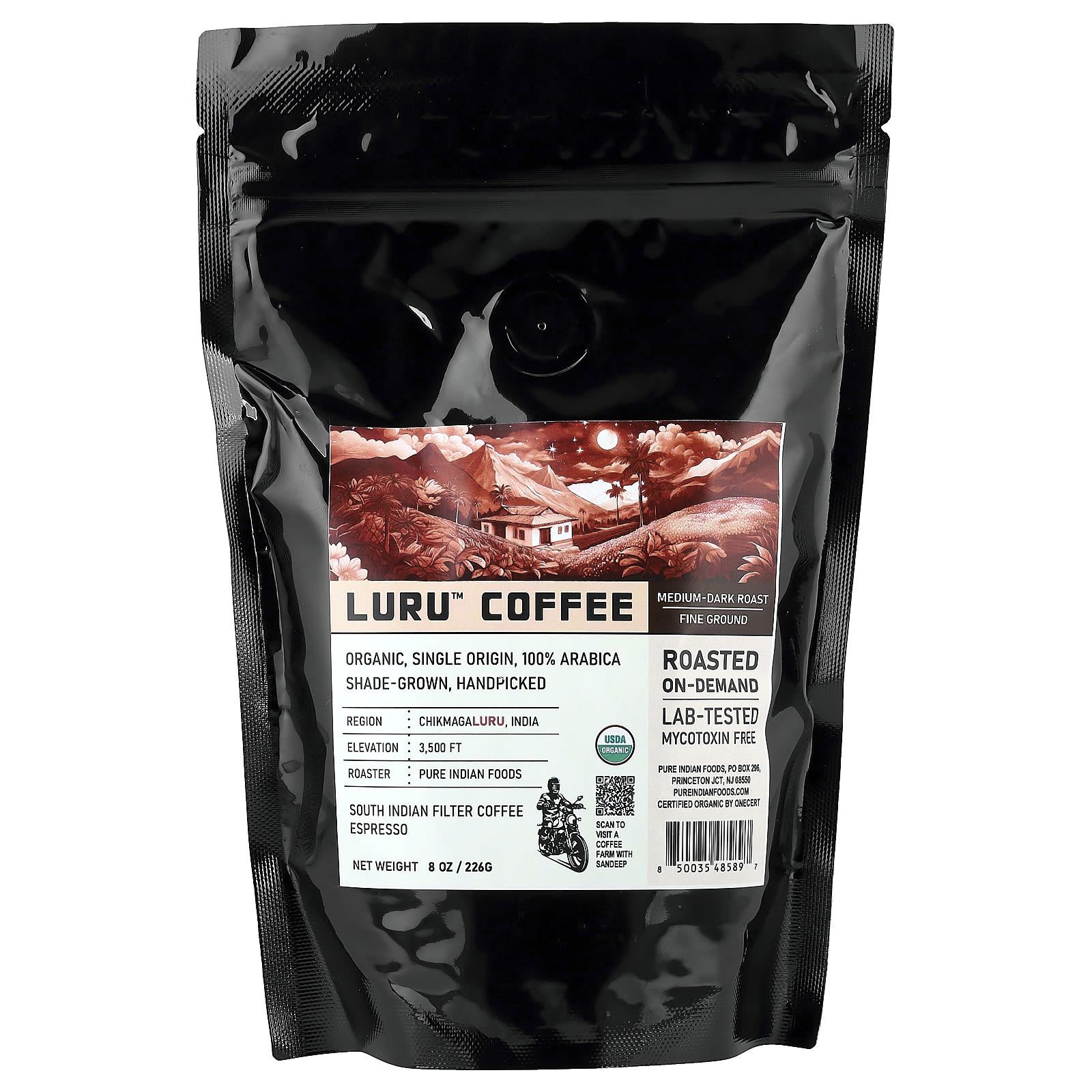 

Pure Indian Foods Кофе Luru™, мелкий помол, средняя темная обжарка, 8 унций (226 г)