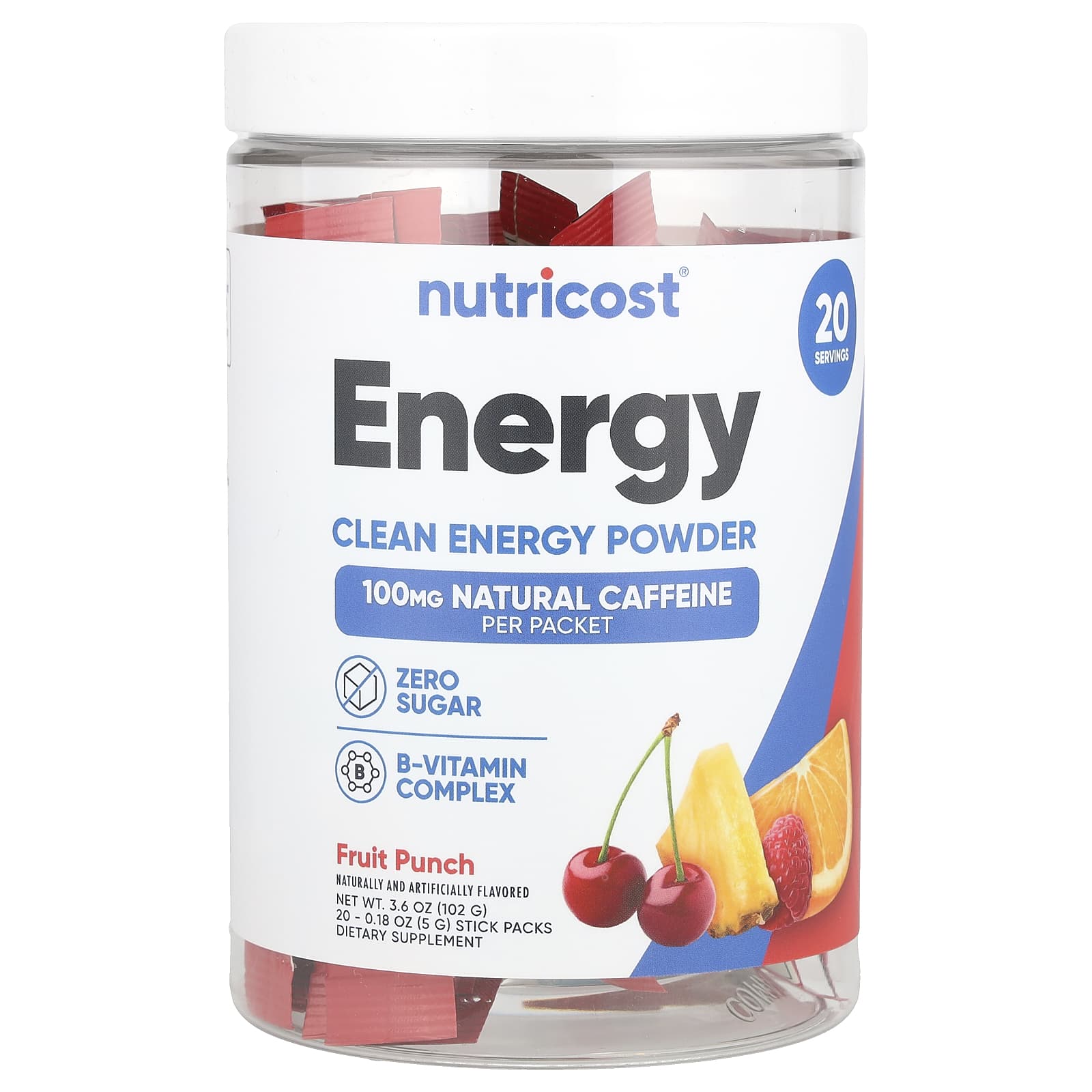 

Nutricost, Energy, Clean Energy Powder, Fruit Punch, 20 стіків, 5 г (0,18 унції) кожен