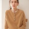 Women's Color Block Cashmere Sweater - Round Neck, Buttoned, Loose Fit, Long Sleeve Contrasting Knit for Autumn/Winter.