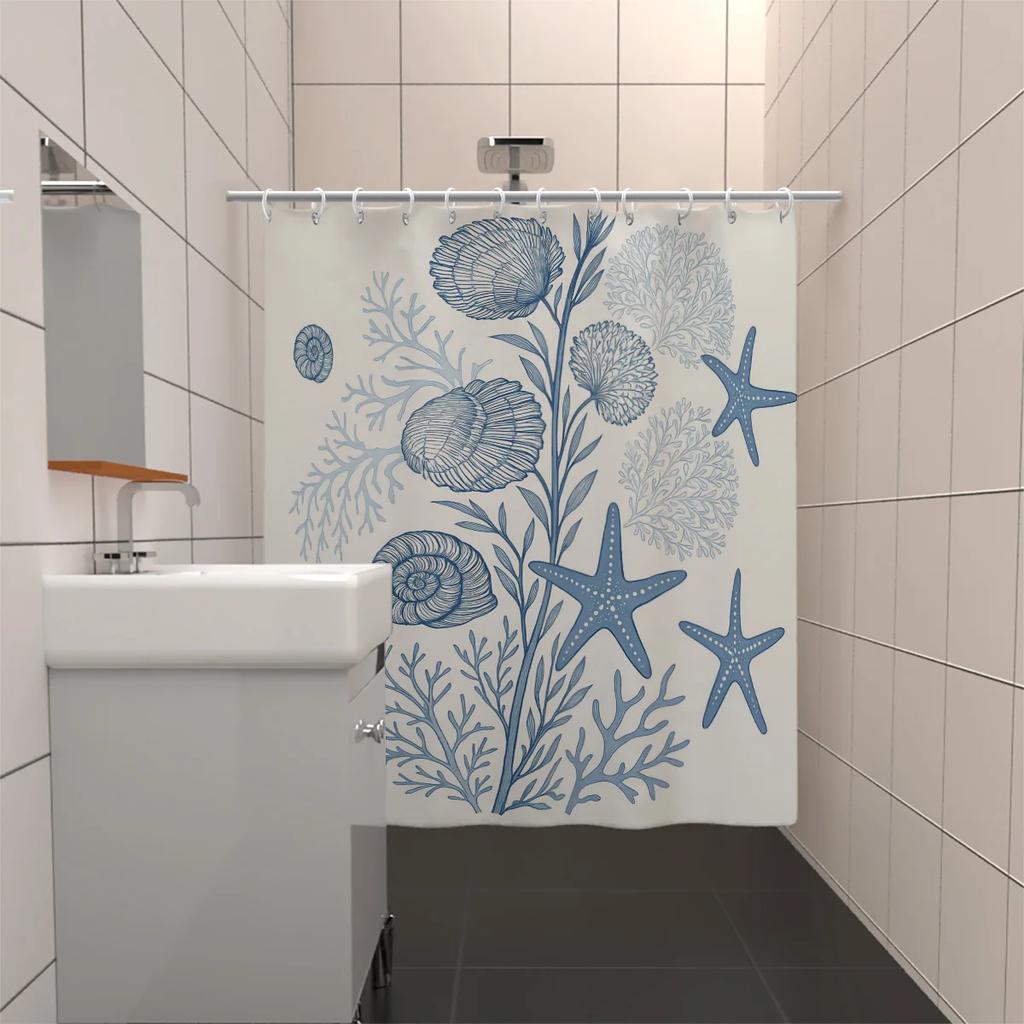 1 x Ocean Elements Duschdraperi med sjöstjärne- och snäcktryck - Blå och vit nautisk design, Polyester, med krokar, för badrum