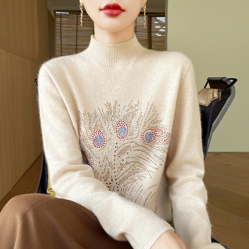 Autumn and Winter Pullover Sweater Women's Round Neck Knitted Bottoming Shirt Hot Drilling Slimming Sweater