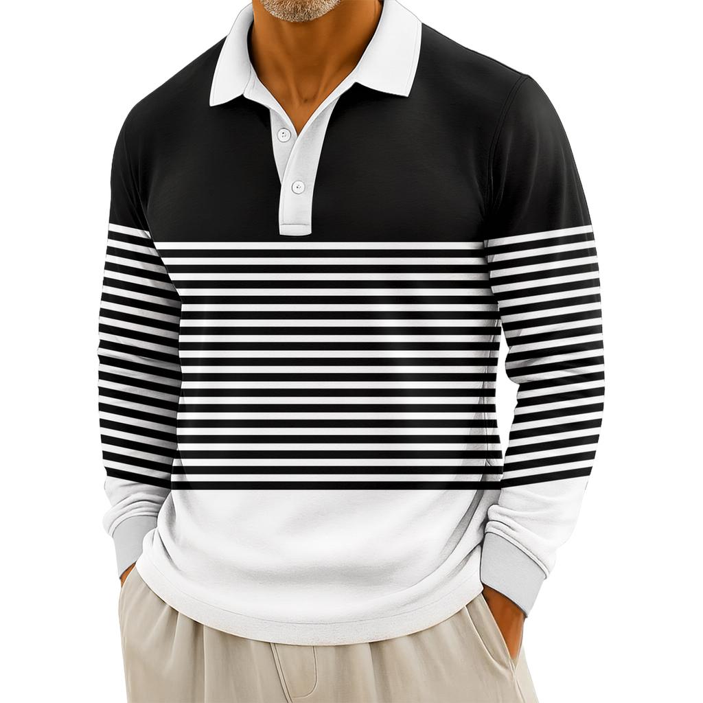 Men's Casual Striped Print Button-Up Long-Sleeve Tops