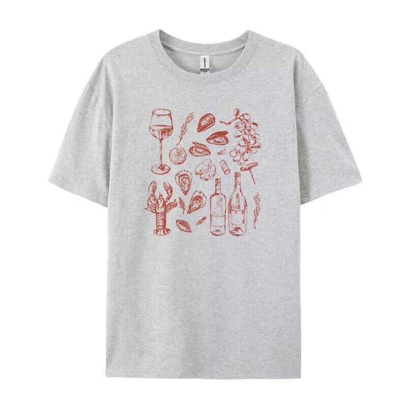 Women Retro Style Italian Seafood Print TShirt Vintage Aesthetic Oyster Lobster T Shirt Cute Foodie Shirt Loose Vacation Tops