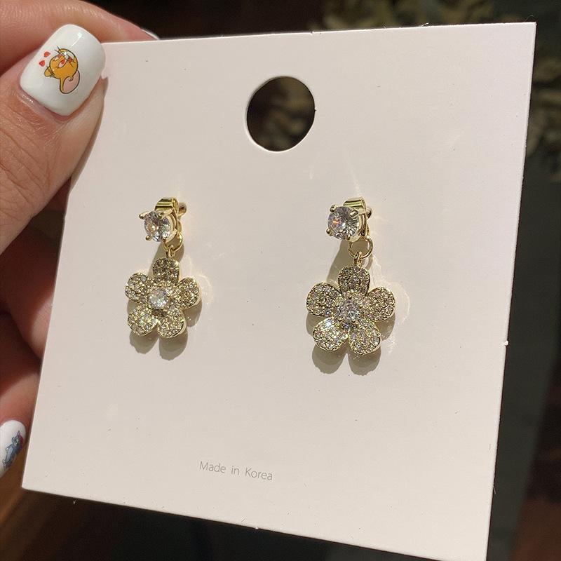 Temperament Five-Petaled Flower Earrings Zircon Flower Diamond-Set Front And Rear Wear Dual-Purpose Zircon Removable Stud Earrings