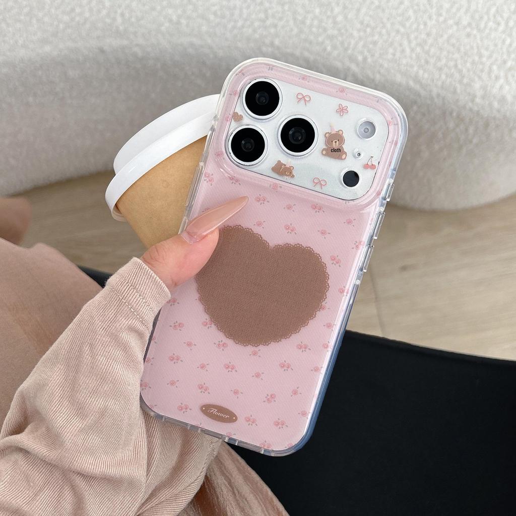3D Bear & Floral Phone Case for iPhone 17/16 Pro Max/15/14 - Girlish Heart Design