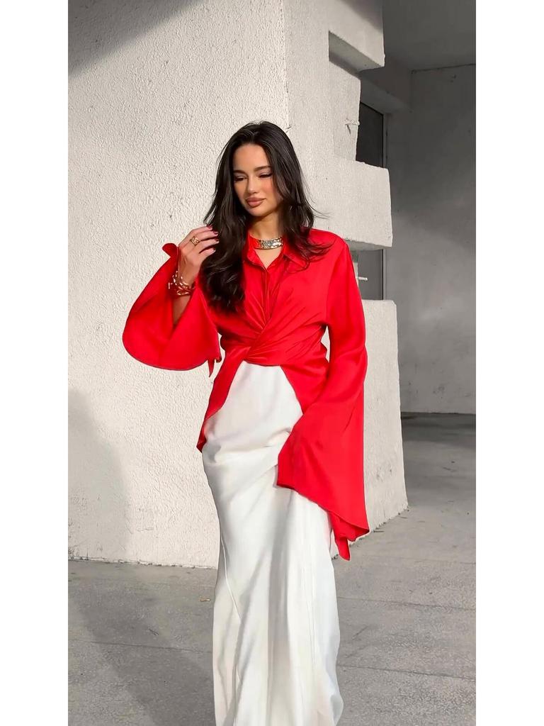 Elegant Satin Long-Sleeve Shirt & Midi Skirt Set for Women 2024