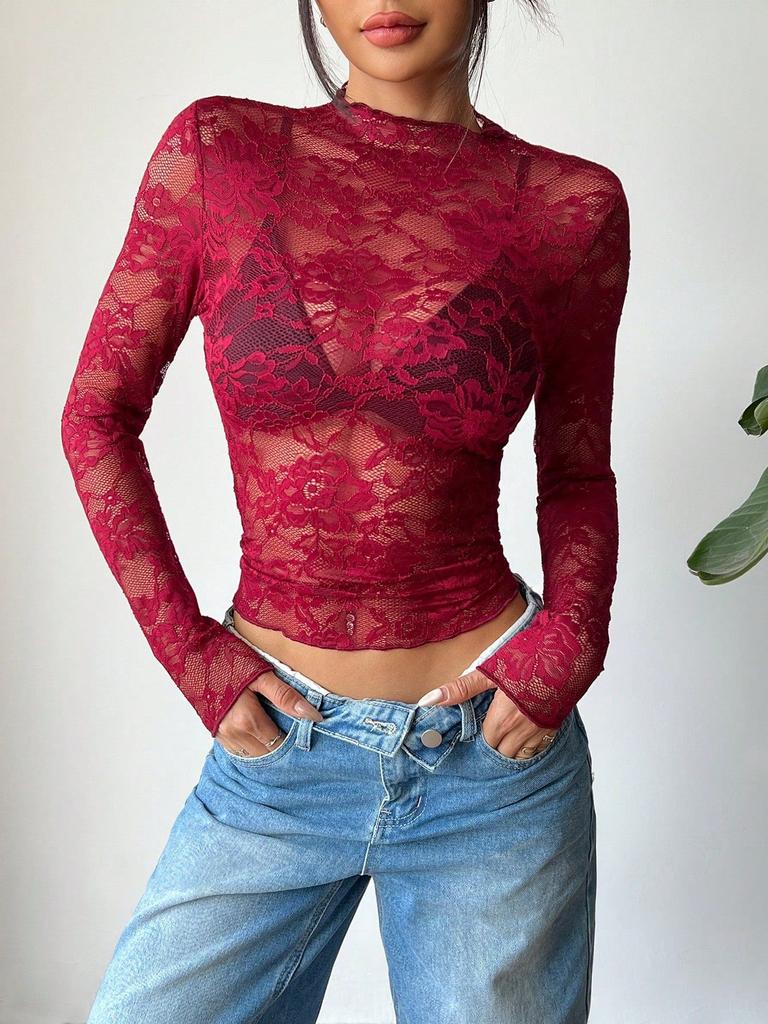 Ins Spring Sexy Single Layer Long Sleeve Slim Fit Lace Top Base Layer Fashion Daily Basic Office Lady Casual Slim Fit Ladies Elegant Long Sleeve Top