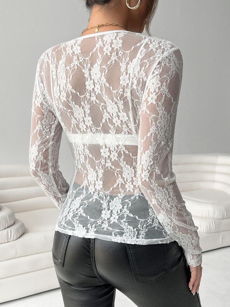 Tricou Elegant cu Dantelă cu Un Singur Strat, Fără Sutiene, Slimming, cu Gât Rotund, cu Mâneci Lungi, Tricouri, Articole de Modă Versatile Esențiale pentru Garderobă, Cămașă