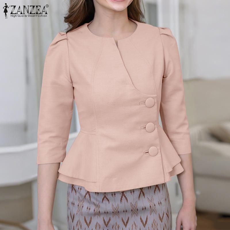 ZANZEA Women Casual Round Neck Summer 3/4 Sleeve Solid Blouse