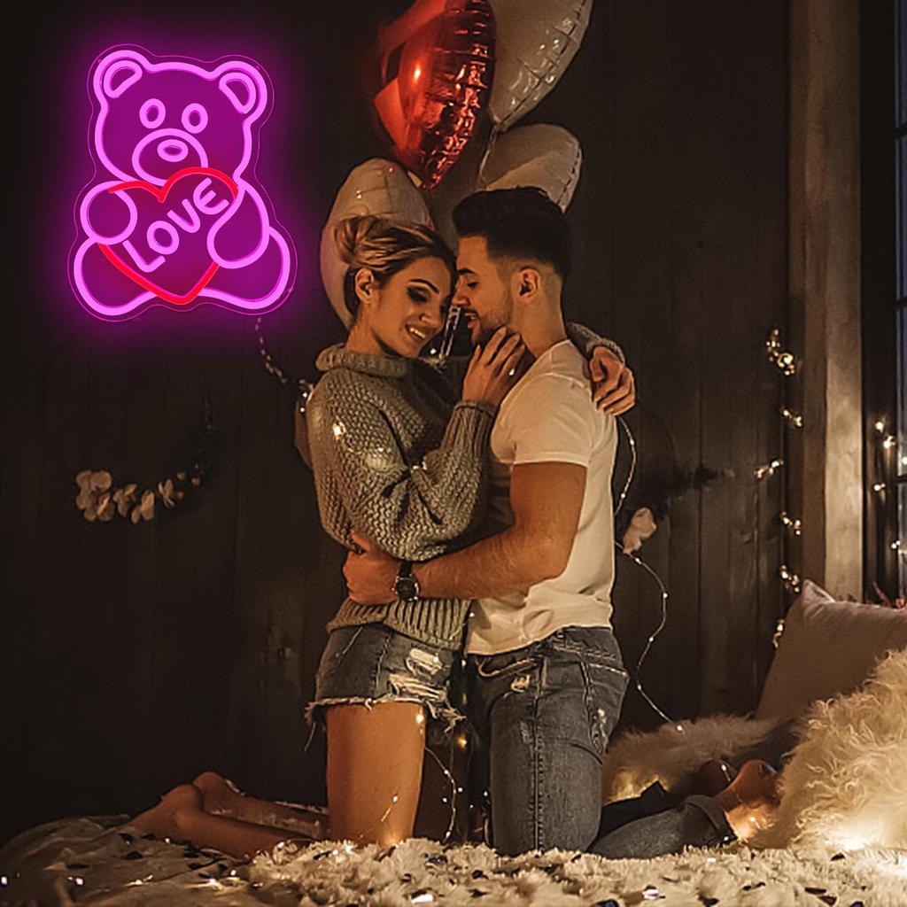 Valentines Day Neon Sign Valentines Teddy Bear Neon Signs for Wall Decor Dimmable Valentines Led Sign Bear Neon Lights for Bedroom Wedding