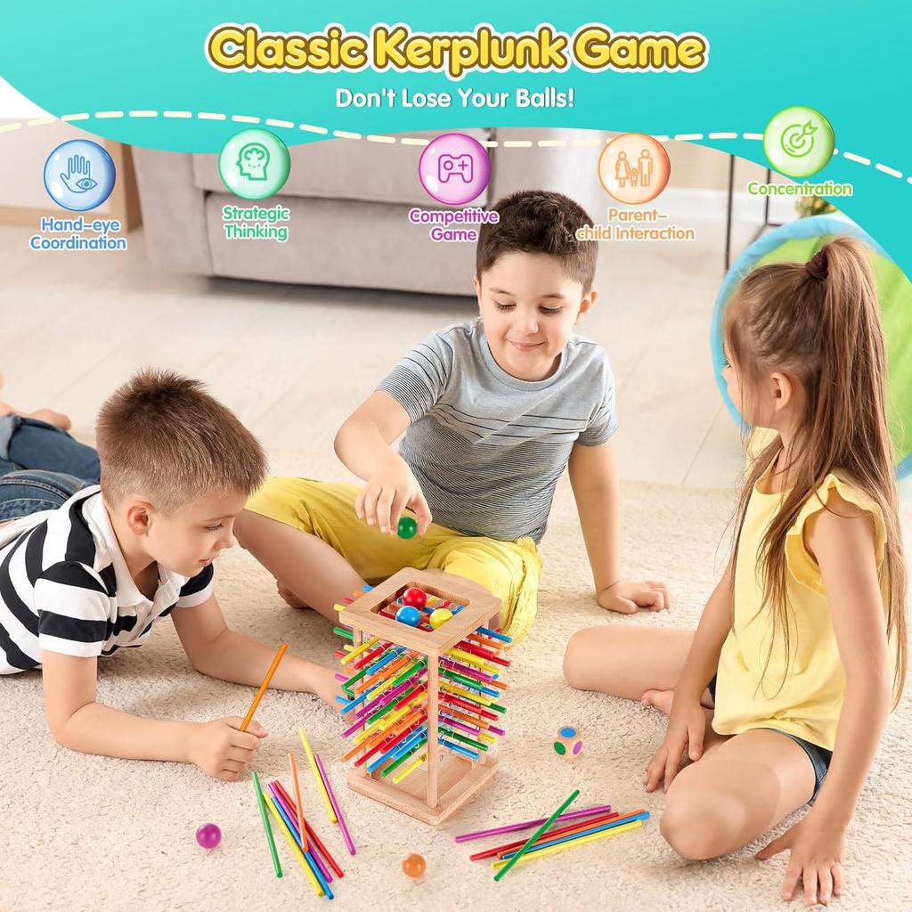 Montessori Game Wooden Board Game, 48 Colorful Sticks Dice Game for 3 4 5 6 Year Old, Kerplunk Game for Kids Math Educational Toys for 3 Years Old,