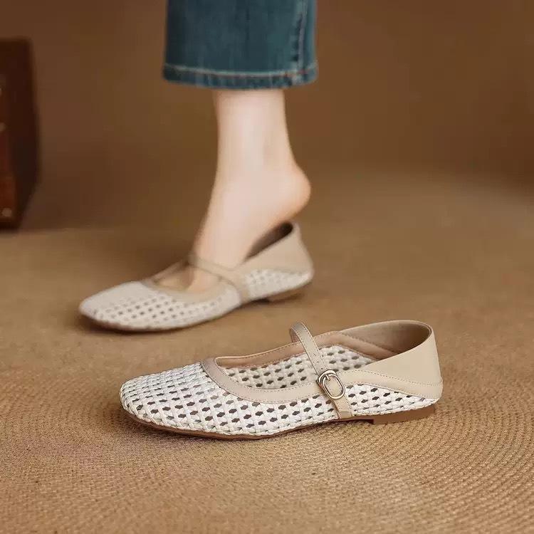 Sheepskin woven hollow hole shoes, breathable Mary Jane sandals for women's summer one-word belt flat-soled single shoes