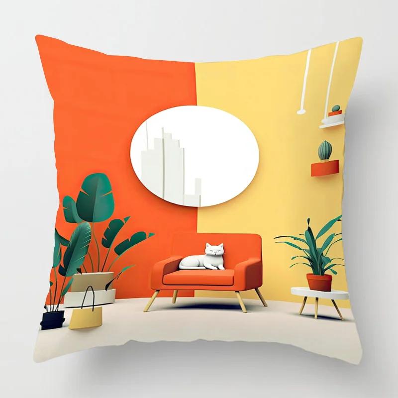 Home Decor Cat & Tropical Plant Patterned Pillow Covers Pattern Cushion Cover Suitable for Sofa Bedroom Car Pillow Cover