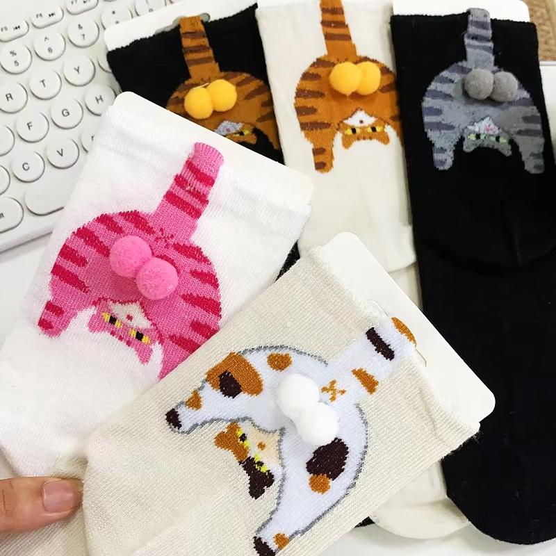 Cartoon Cat Egg Socks Soft Breathable Cute Mid Tube Cotton Socks 3D Cat Egg Balls Unique Design Trendy Funny