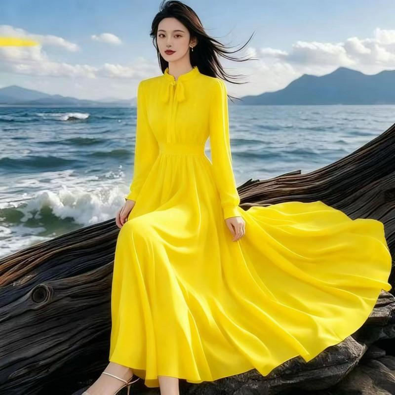 Womens Long Flowy Chiffon Dress French Style Vacation Party Maxi