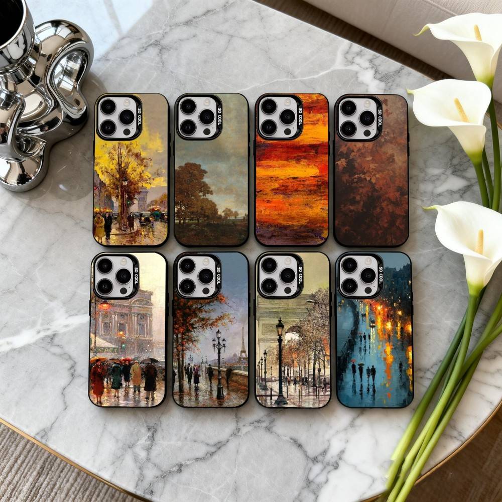 A-Autumn R-Retro Oil Painting Phone Case For iPhone17,16,15,14,13,12,11 Plus,Pro Max Candy Silver Plated Inside Cover