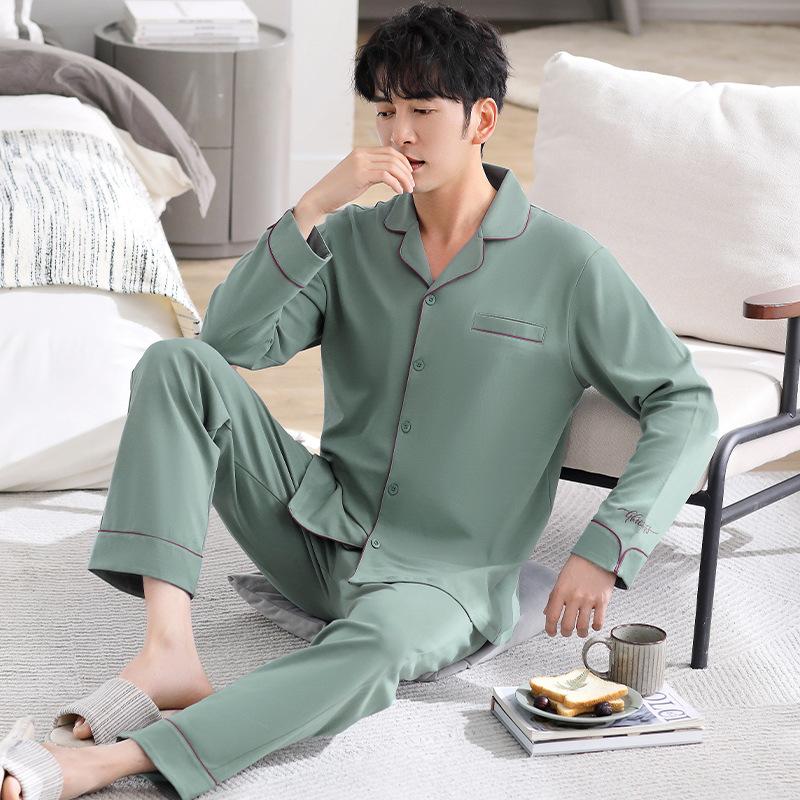 Pajamas Men'S Spring And Autumn Pure Cotton Long-Sleeved Autumn Men'S Cotton Loungewear Autumn And Winter Thin Suit
