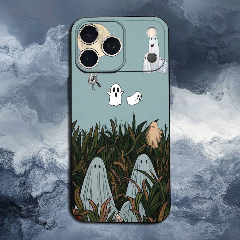 Lovely ghost Case For iPhone 12,14,15,16,17,13,11,X,Mini,Plus,Pro Max,8,7,XR,SE,XS,Soft Silicone Black