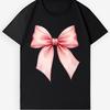 Retro Washed Cotton Graphic T-Shirt Minimalist Pink Bow Coquette Casual Top
