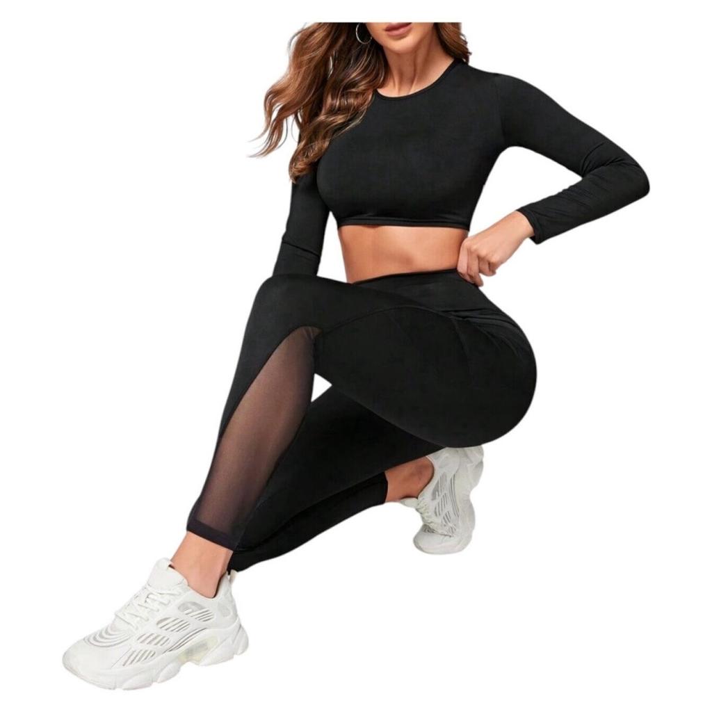 High-Waist Sport Leggings with Mesh Side Pocket for Phone, Black