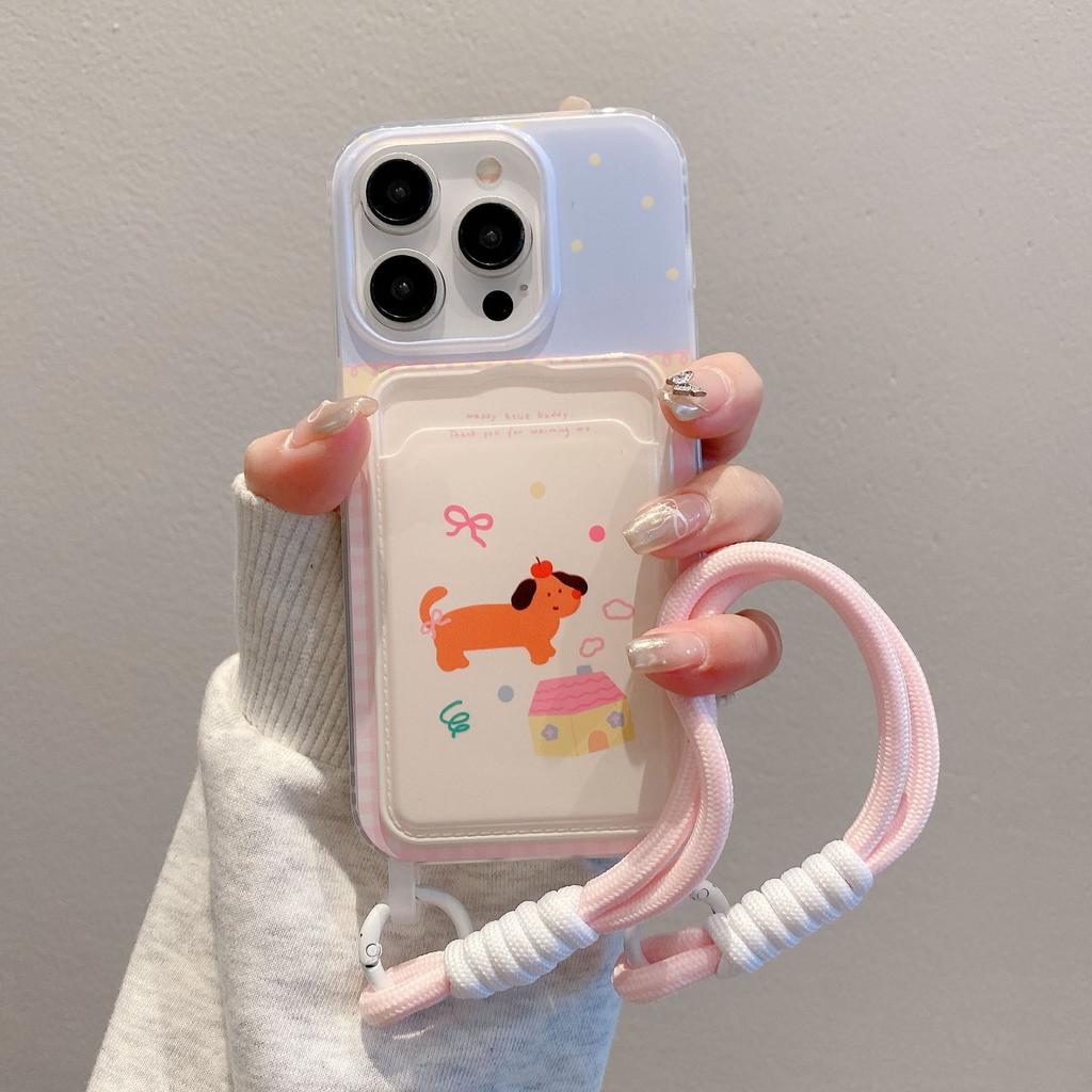 Korean Style Card Bag Suitable for IPhone15pro Cartoon Mobile Phone Case Apple 16 Lanyard 13 Mobile Phone Love Protection Case