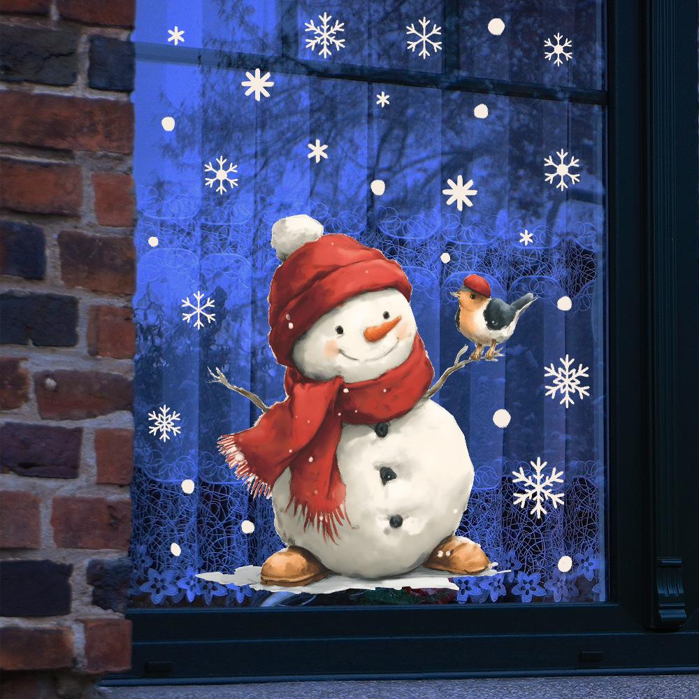 Cartoon Snowman Bird and Snowflake Glass Window Decoration Stickers for Home Beautification