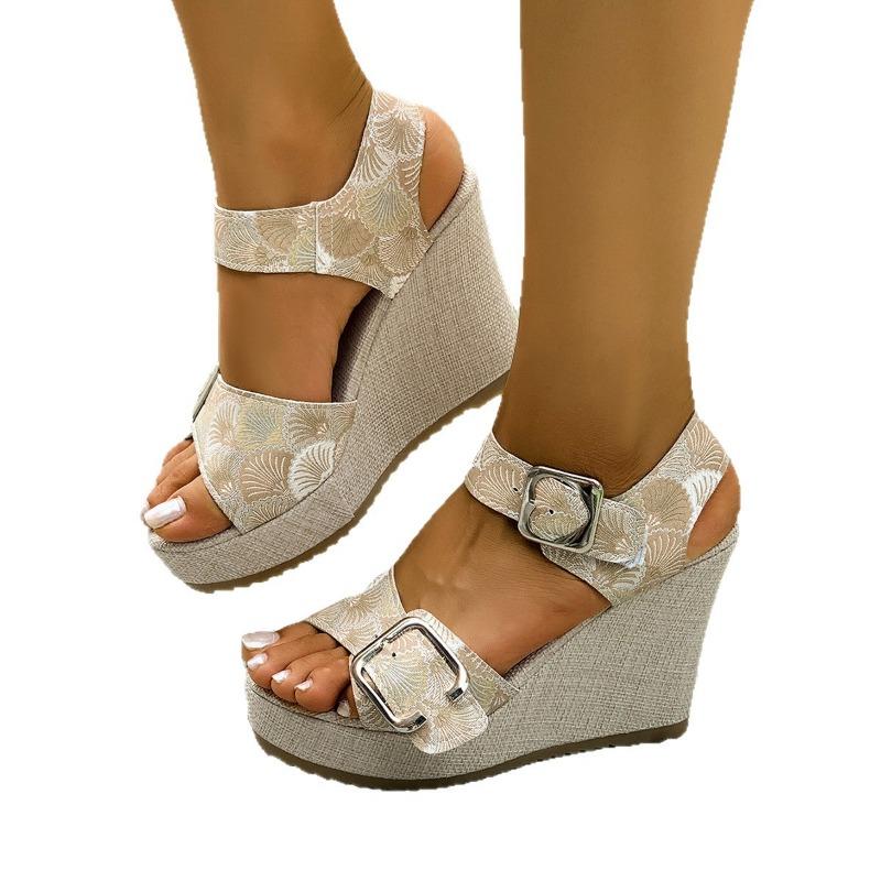 Spring and summer new buckle fashion wedge sandals printed muffin thick-soled fish mouth sandals women