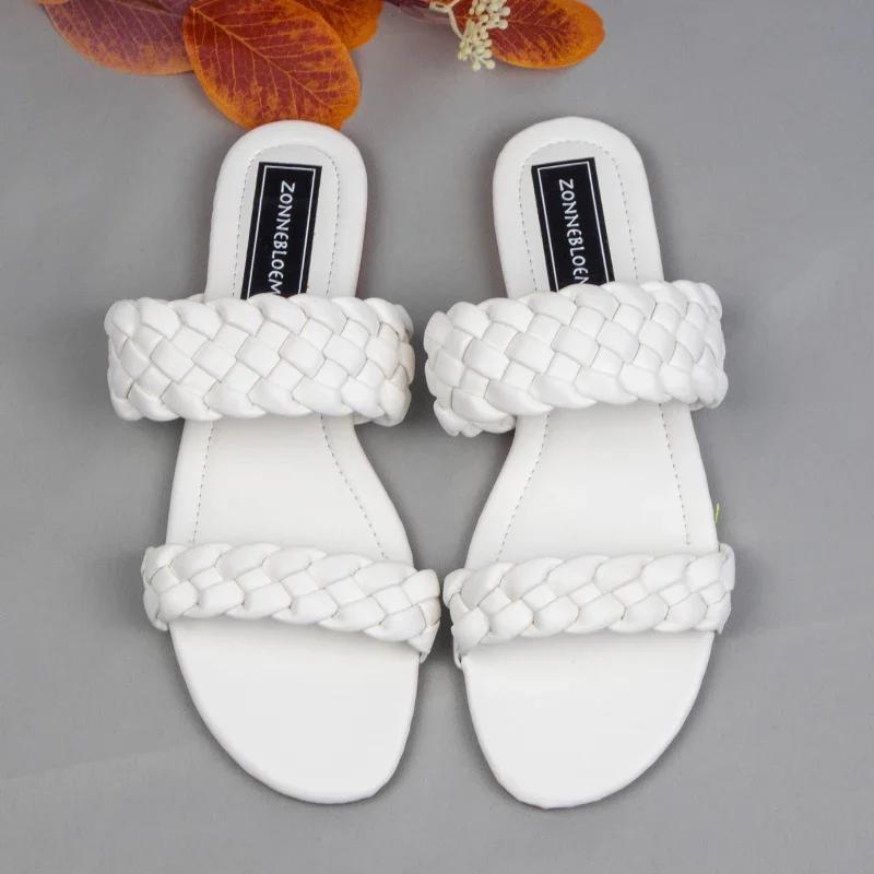 Fashion 2025 New Designer Women Outside Slippers Summer Woman Flat Slides High Quality PU Leather Fashion Double Weave Beach Sandals