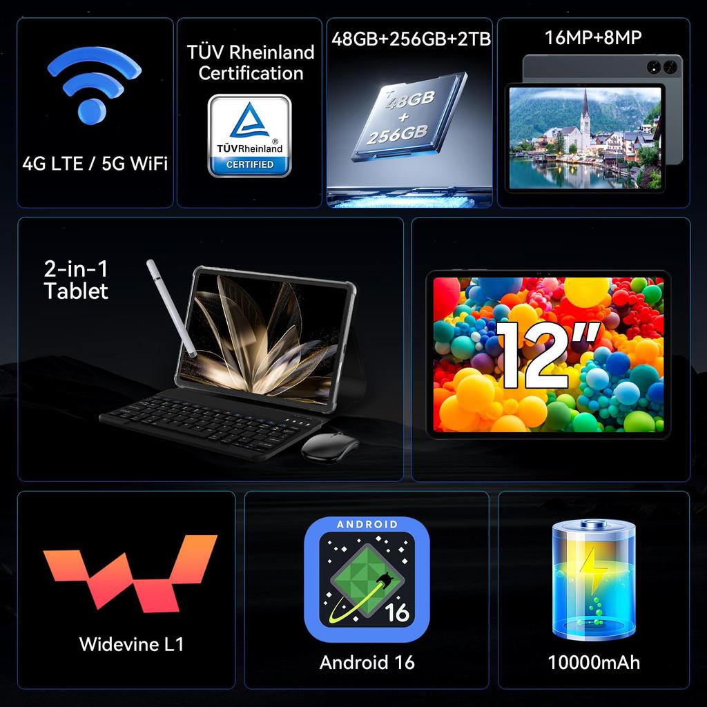 TABWEE T60 Tablet mit Android 16 12 GB RAM 256 GB ROM Gemini KI 12,2 Zoll 2,5K Display 10000 mAh Akku