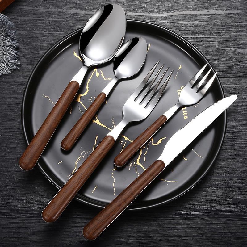 Stainless Steel Tableware with Imitation Wooden Handle Household Cutlery Dinnerware Knife Fork Spoon Teaspoon Kitchen Utensils