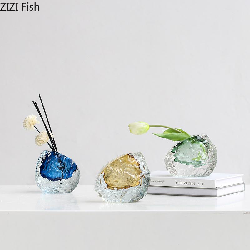 Unregelmäßige Knitterglasvase Schrägmündige Blumentöpfe Schreibtischdekoration Blumenarrangement Blumenvase Raumästhetik Dekor