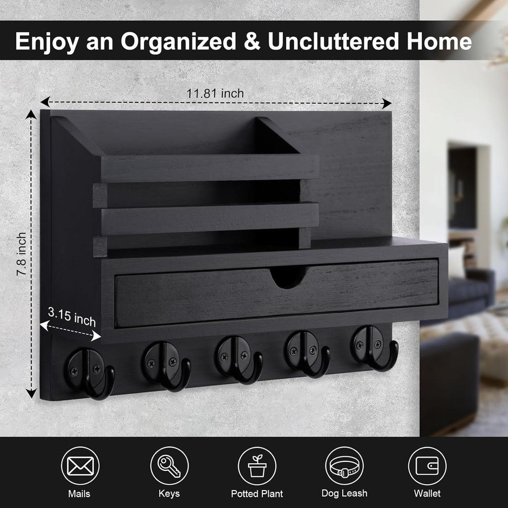 Wall Key Holder with Mail Shelf Drawer and 5 Hooks Entryway Organizer Black