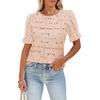 Women Tops Round Neck Puff Short Sleeve Hollow Lace Pullover Tops Solid Color Loose Fit Summer T-shirt