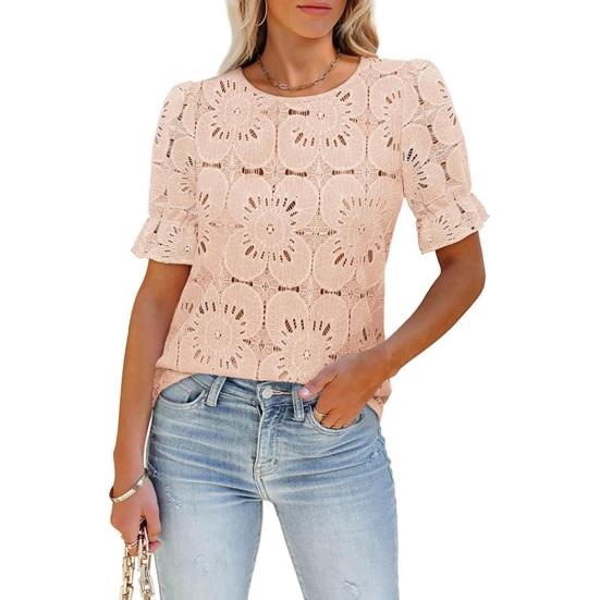 Yousheng Women Tops Round Neck Puff Short Sleeve Hollow Lace Pullover Tops Solid Color Loose Fit Summer T-shirt