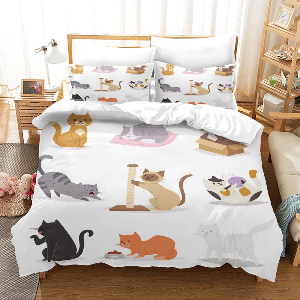 Cartoon Cat King Full Queen Duvet Cover Lovely Pet Kitty Bedding Set Animal Quilt Cover 2/3pcs Purple Polyester Comforter Cover