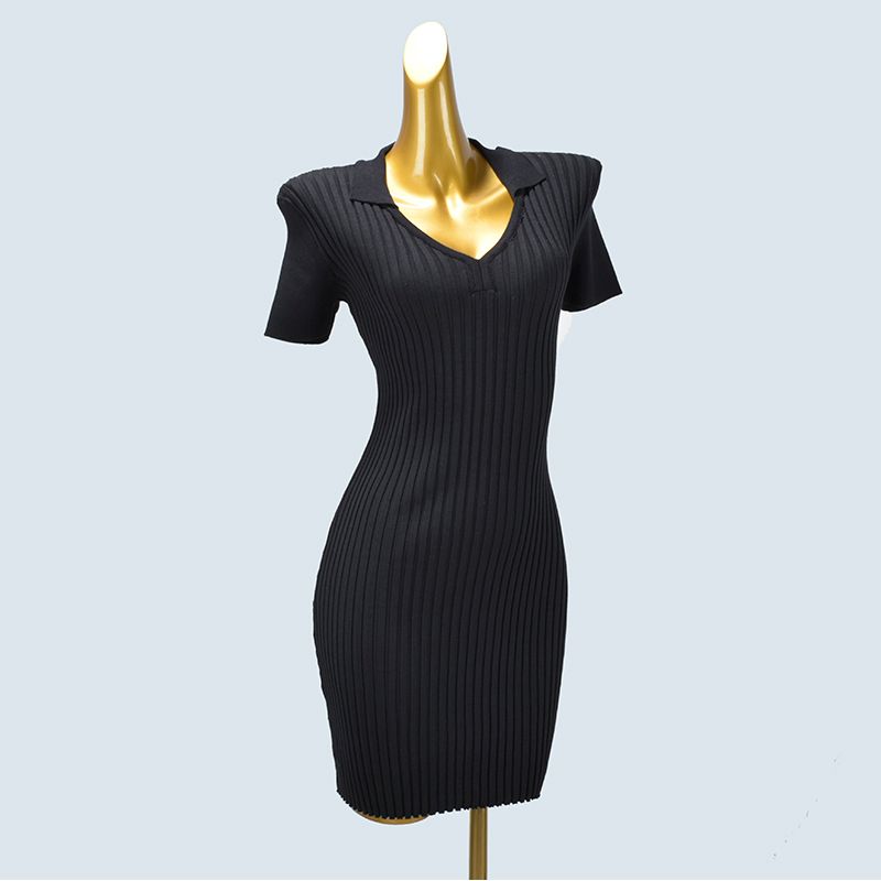 

Gyaru Sexy Summer Thin Knitted Fashion Polo Collar Backless Slim fit Stretch Sheath Dress Slimming Women Black All yards