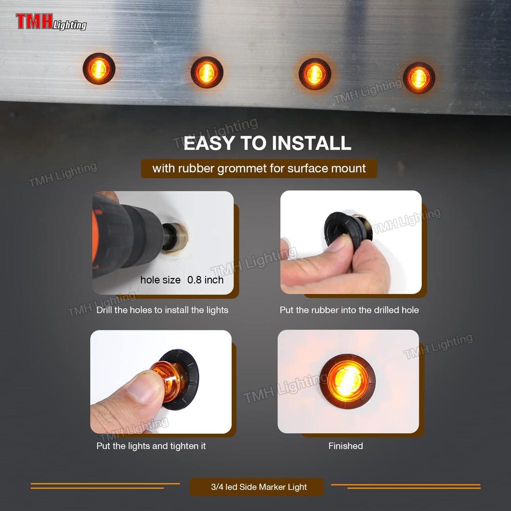 TMH 50 Pcs 3/4 Inch Mount Amber 3 LED Mini Round Trailer Side Marker Indicator Lights Clearance Button Signal Lamps Universal for Trucks Lorry Boat