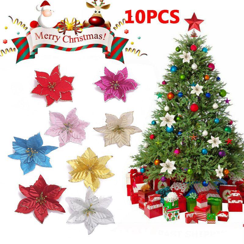 Vibrant 10x Christmas Large Poinsettia Glitter Flower Decorations For Holiday Cheer
