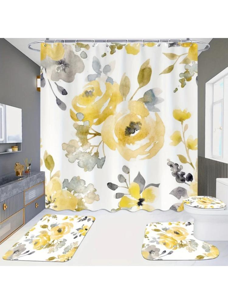 

Yellow Watercolor Floral Shower Curtain Set With Non-Slip Bath Mats, U-Shaped Toilet Rug, And Toilet Lid Cover - Polyester, Arti W60H190(CM)-1 Pcs