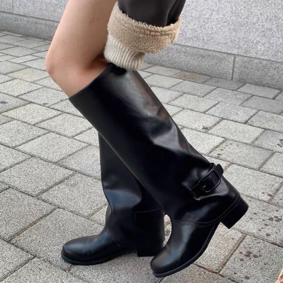 Autumn and Winter New Round Head Square Heel Belt Buckle Sleeve Loose Knight Retro Boots