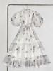 Lace Stand Collar Embroidered Patchwork Puff Sleeve Dress