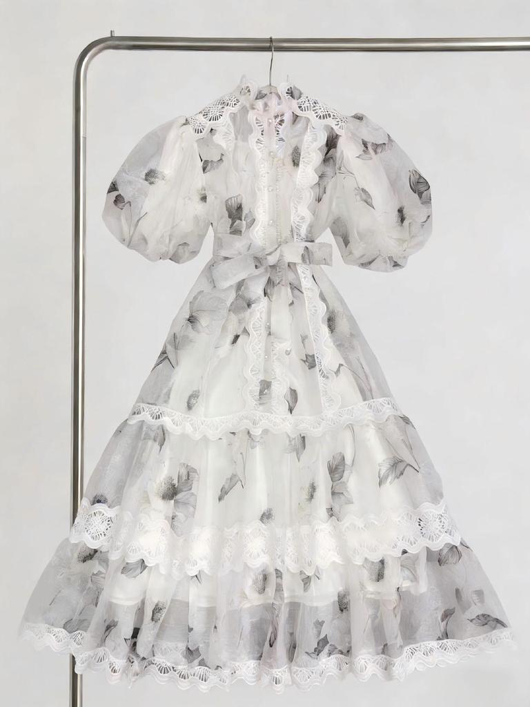Lace Stand Collar Embroidered Patchwork Puff Sleeve Dress