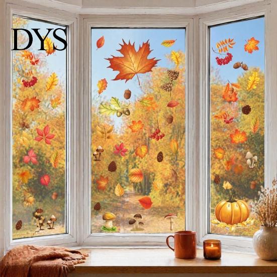 Pumpkin Harvest Wall Decor 5Pcs Autumn Maple Static Window Clings, Fall Stickers, Clings Glue-Free Removable for Thanksgiving Home Shop Glass