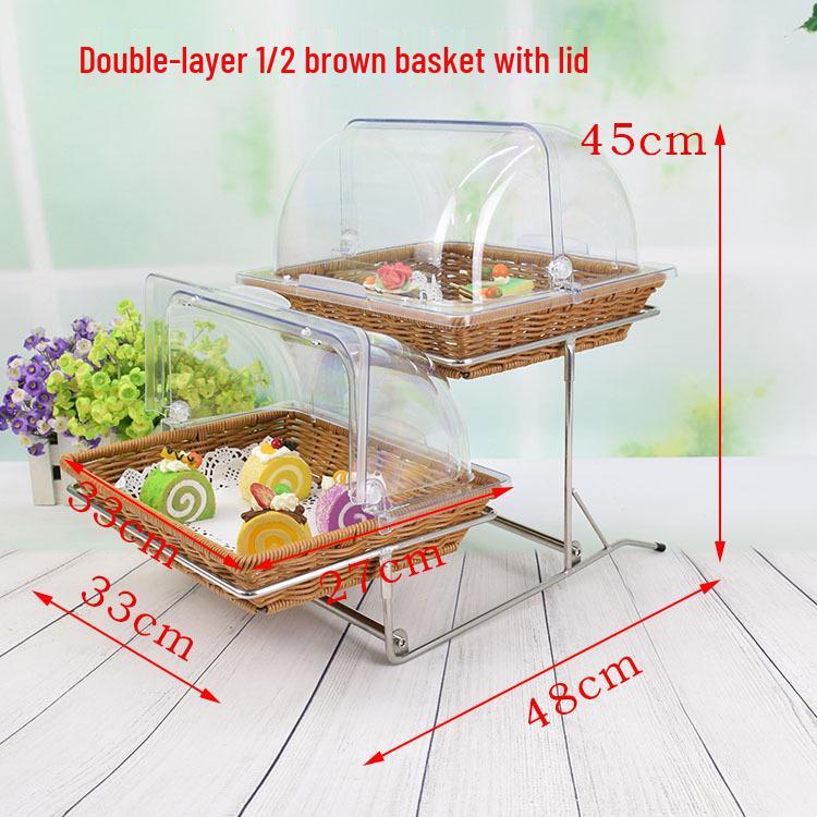 Double-Layer Rattan Bread Basket with Lid - Dessert Display Stand & Pastry Rack for Egg Tarts & Fruits