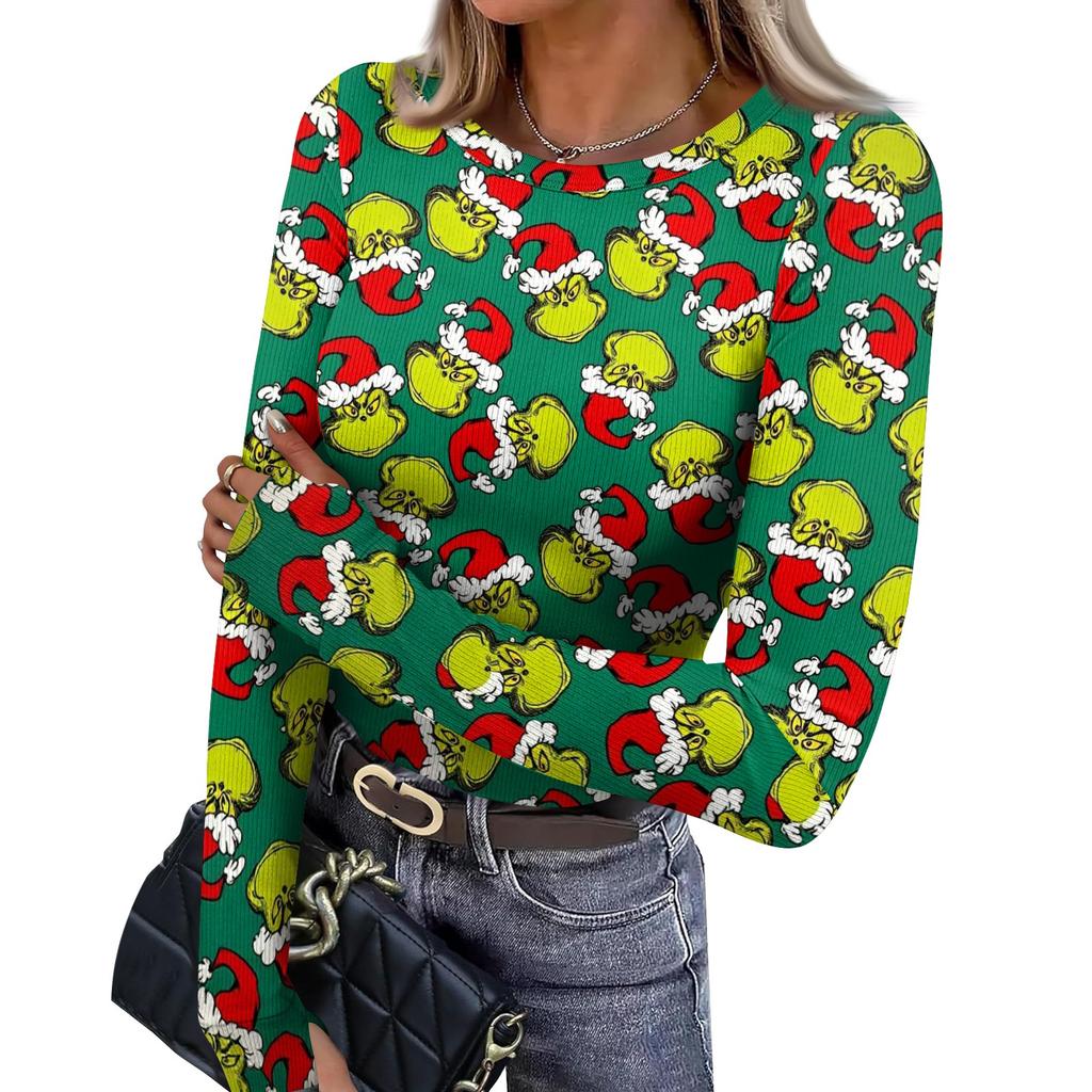 Women's Slim Fit Base Layer Long Sleeve Crewneck Pullover T-Shirt with Thumb Holes, Christmas Graphic Print Top